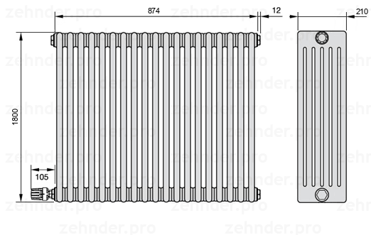 Схема (чертеж) Радиатор Zehnder Charleston 6180/19 №V003 Белый глянцевый RAL 9016